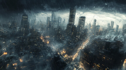 Fototapeta premium Surrealistic Cityscape: Stormy Night, Dynamic Perspective, Artistic Interpretation