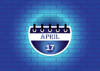 April 17 calendar sign on blue neon brick wall background. Flat design style. Date, day and month. Vector illustration.