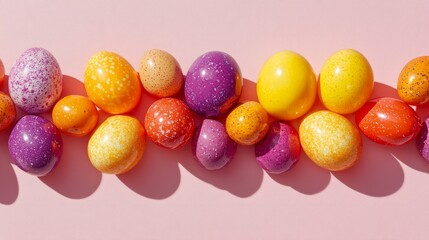 A playful, colorful arrangement of Easter eggs in shades of orange, yellow, and purple on a light pink background 