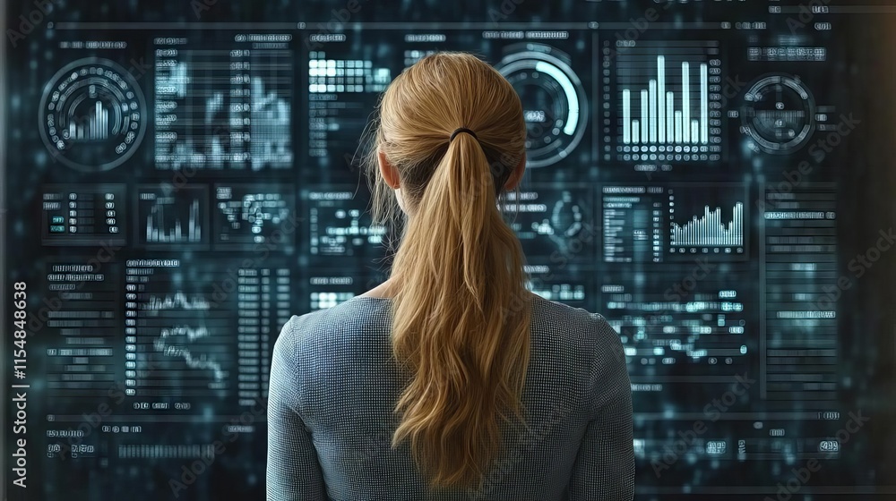 Poster woman analyzing digital data on a futuristic interface in a modern workspace.