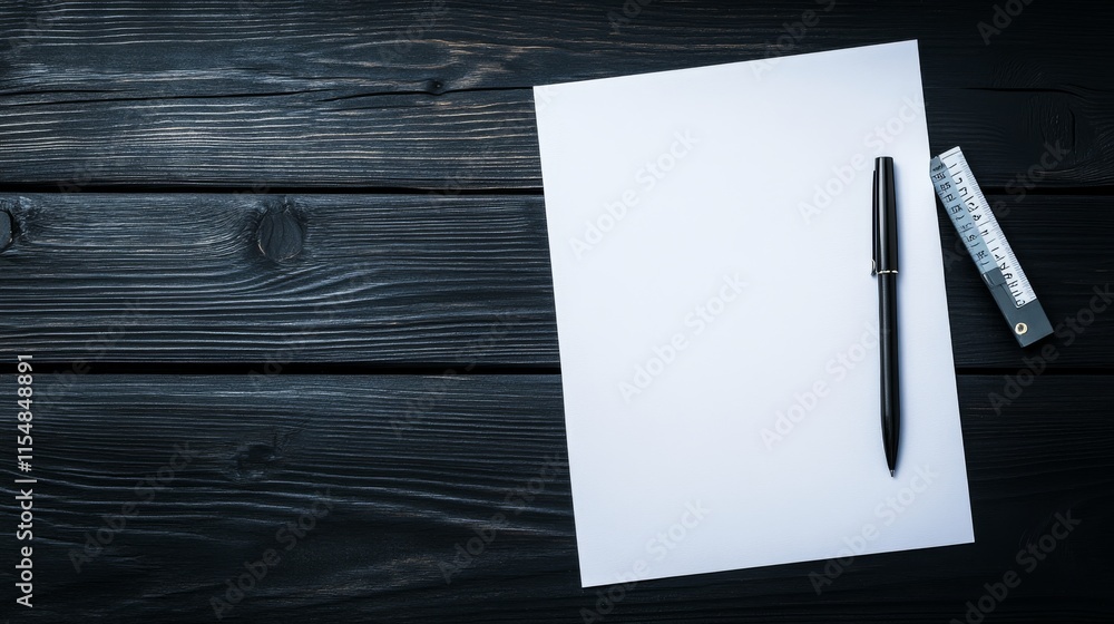 Poster a pristine white sheet rests on a black wooden desk, accompanied by a pen and ruler, creating a clea