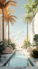 Serene Tropical Landscape with Palm Trees and Tranquil Waterway