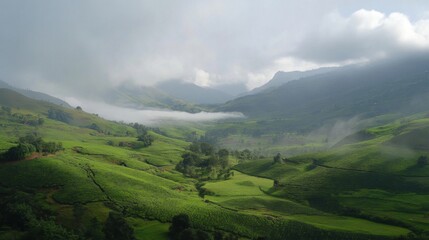 Obraz premium Lush Green Hills with Misty Mountain Backdrop