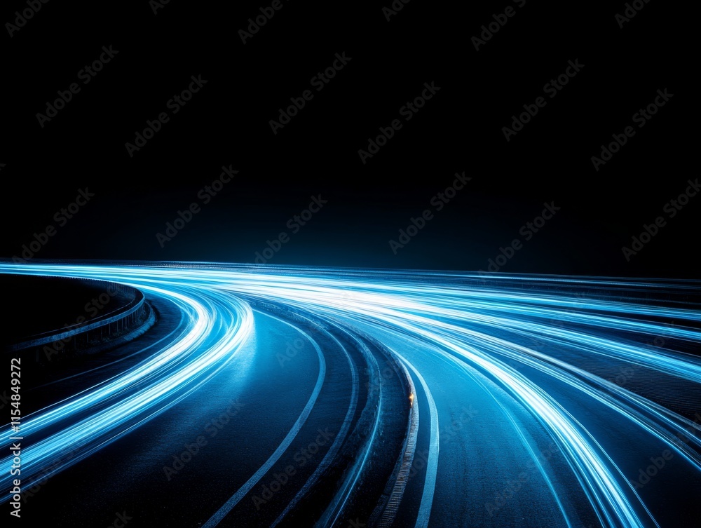 Poster Curving blue light streaks flow dynamically across a dark backdrop, conveying energy and speed while leaving space for additional messaging or branding