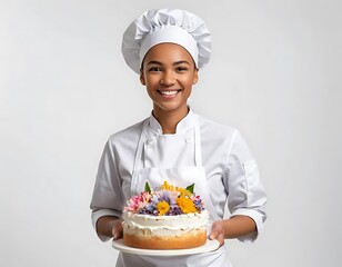 Smiling Chef Holding a Floral Decorated Cake, Generative AI