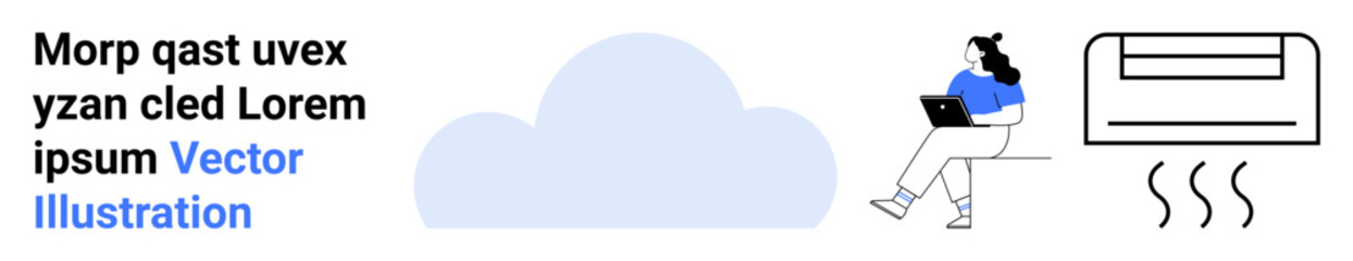 Woman sitting on a chair with laptop, air conditioner emitting heat waves, cloud graphic. Ideal for HVAC services, remote work, technology, indoor climate control, productivity, comfort