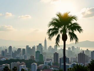Tropical Palm Silhouette Against City Skyline at Sunrise