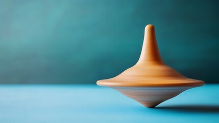 wooden spinning top on cerulean blue background motion blur effect