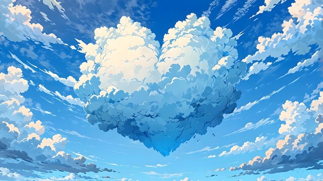 A heart-shaped cloud in a bright blue sky symbolizing love, holiday promo poster valentine day sale banner background, vibrant colors, romantic love and harmony