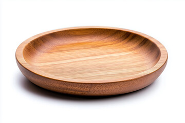 Selective focus wooden plate isolated on white background, Top view wooden circle dish on white.