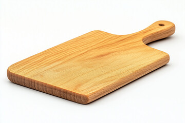 Selective focus wooden cutting board isolated on white background, Close up shot wood board for cooking with handle on white.