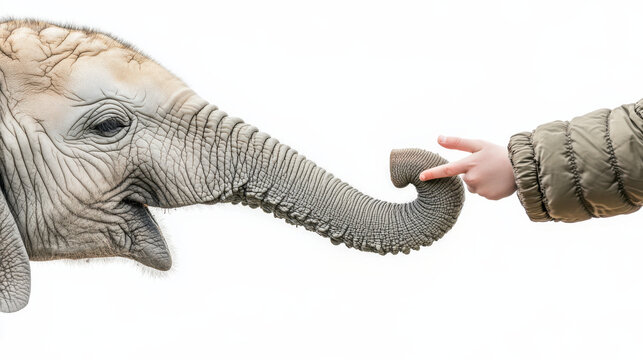 A child&acirc;&euro;&trade;s hand touching a baby elephant&acirc;&euro;&trade;s trunk, elephant skin detailed with soft pastel tones and high texture contrast, a pure white background creating sharp subject separation, sunlight reflec