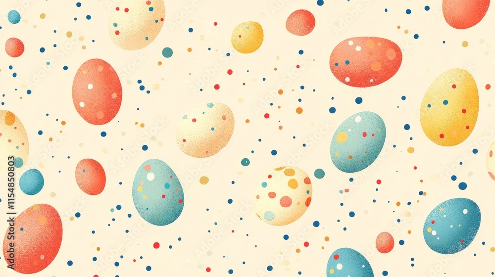 Poster a whimsical design featuring small colorful easter eggs in an abstract pattern on a pale yellow back