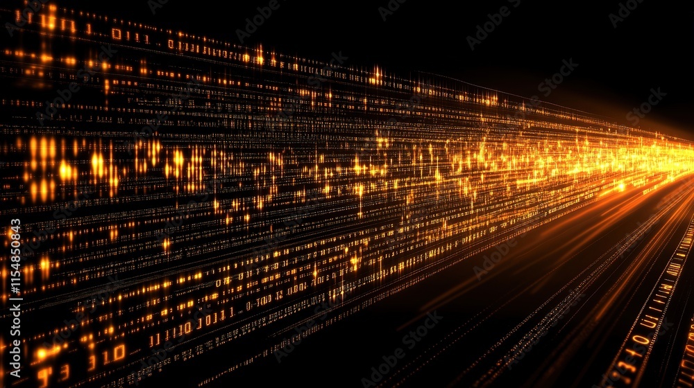 Poster flowing binary data wave on dark background with bright highlights