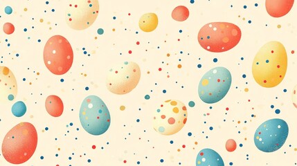 A whimsical design featuring small colorful Easter eggs in an abstract pattern on a pale yellow background 