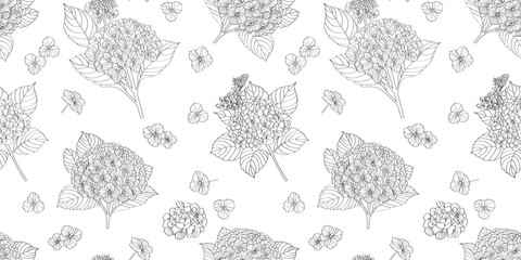 hydrangea line art design Seamless pattern for decorating fashion designs, fabrics, wallpapers and prints all on a white and white background.