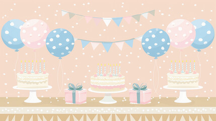 Pastel Birthday Party Scene with Cakes, Balloons, and Gifts