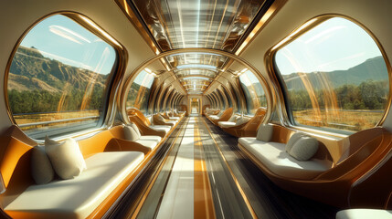 Luxury Train Interior: Opulent Observation Deck, Scenic Landscape, 3D Rendering