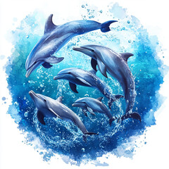 Obraz premium pod of dolphins gracefully diving in deep blue water, creating splashes and trails of bubbles, surrounded by vibrant aquatic background