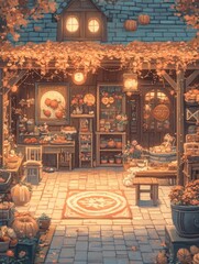 Obraz premium A cozy autumn market filled with pumpkins, flowers, and seasonal decorations.