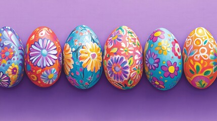 Fototapeta premium Bright, vibrant Easter eggs in a scattered arrangement over a soft lavender background 