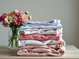 Stack of Folded Pastel Clothes Neutral Tones Laundry Home Organization
