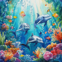 Fototapeta premium Dolphins swimming gracefully in vibrant coral reef surrounded by colorful tropical fish, illuminated by sunlight streaming through clear blue water