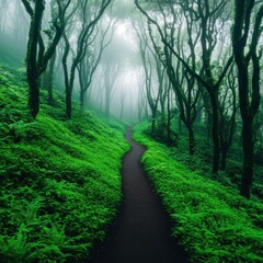 Fototapeta premium A serene forest path winds through lush greenery, enveloped in mist, creating a tranquil and inviting atmosphere for nature lovers and hikers.