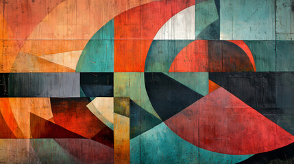 Cubist Abstract Mural: Geometric Shapes, Warm Colors, Urban Sustainability