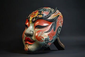 A Chinese opera mask presented in a studio, highlighting its intricate details and vibrant colors that represent traditional artistry and cultural heritage.