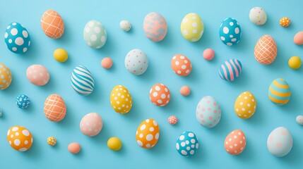 Fototapeta premium Colorful Easter eggs with polka dots and stripes, arranged in a scattered pattern on a soft blue background 