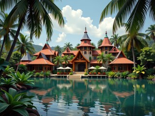 Naklejka premium Luxurious Tropical Resort Villa Palm Trees Pool Ocean View