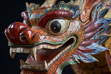 Fototapeta premium This detailed dragon mask features exquisite craftsmanship and vibrant colors, embodying cultural heritage, perfect for art lovers and collectors.