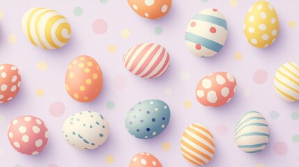 Obraz premium Cute small Easter eggs in different bright colors with stripes and polka dots on a light lavender background