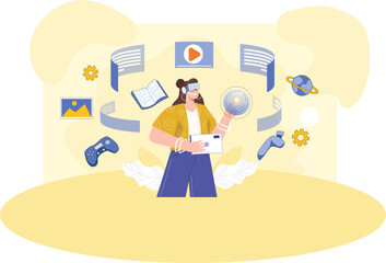 A vibrant concept art showcasing the use of modern technology like VR and AR in education and gaming.