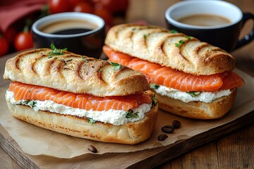 Fresh healthy salmon sandwich with lettuce and cucumber with paper cup of coffee on white stone background. Breakfast snack