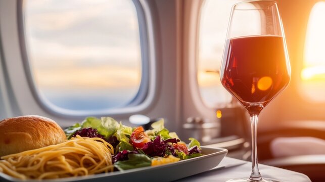 Experience a gourmet in-flight meal showcasing perfectly plated pasta, a fresh salad, and a warm bread roll illuminated by the soft light of a plane window