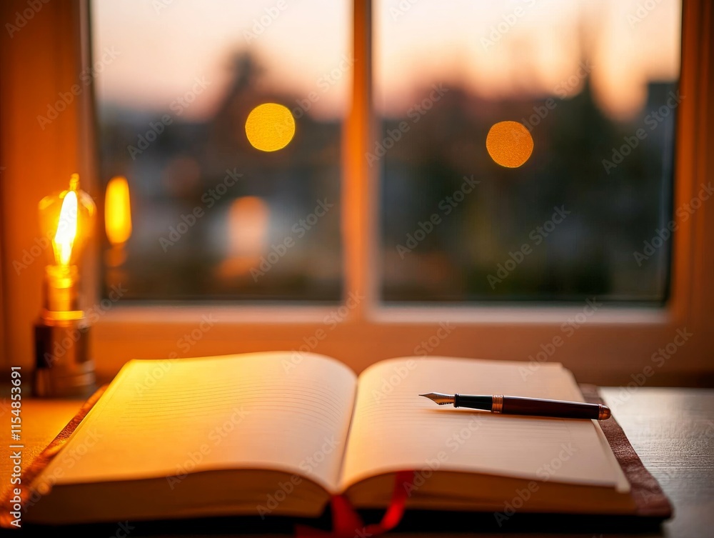 Poster an overhead view showcases a leather-bound journal resting open on a desk, paired with a vintage fou