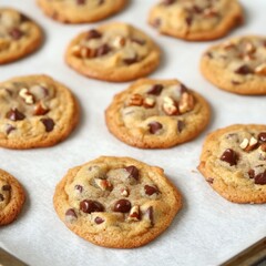 Chocolate chip cookies on a baking sheet. Featuring melted chocolate and nuts