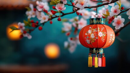 Fototapeta premium [Cherry Blossom Lanterns During Spring] Cherry Blossom Lanterns Against Dark Night Sky with Red Ornament, Traditional Spring Scene Capturing Peace & Beauty of Cherry Blossom Season