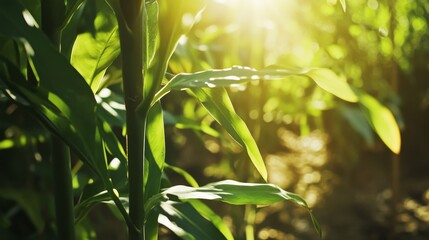 Bright Sunlight Through Green Corn Leaves