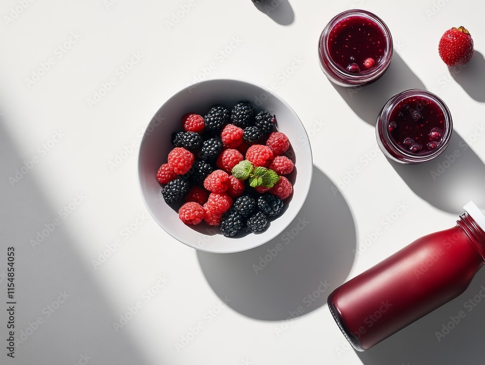 Poster fresh mixed berries are artfully arranged in a bowl with small jars of jam beside them, showcasing v