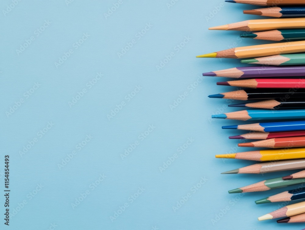 Poster Overhead view of neatly stacked colorful pencils with sharp tips creating a gradient effect on a soft blue surface, leaving room for text or designs