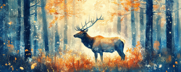 majestic elk stands amidst glowing forest, surrounded by vibrant autumn foliage and soft sunlight, exuding calm and serenity in magical woodland setting