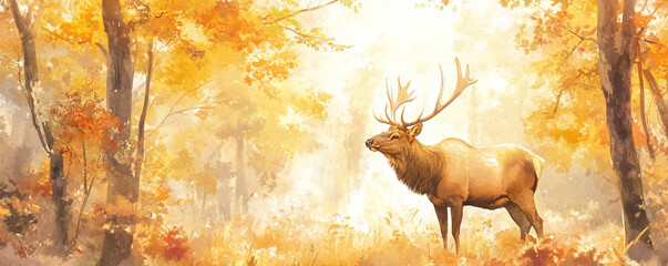 majestic elk stands in serene autumn forest, surrounded by golden foliage and illuminated by soft sunlight filtering through trees, creating tranquil and warm atmosphere