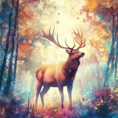 majestic elk stands in vibrant woodland, surrounded by colorful foliage and glowing sunlight, evoking sense of peace and natural beauty