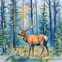 Elk standing amidst towering pines in serene forest, surrounded by soft sunlight and vibrant foliage, creating peaceful and natural atmosphere