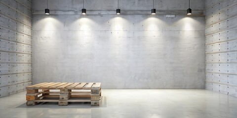 Minimalist interior design featuring a reclaimed wood pallet as a display surface against a textured concrete wall with overhead lighting
