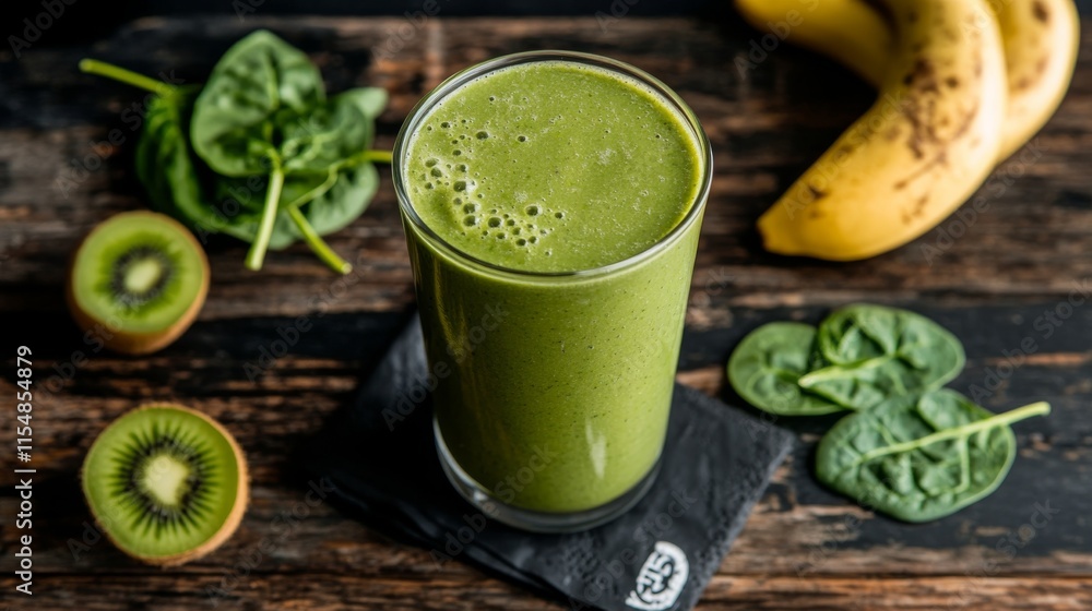 Aufkleber overhead view highlighting a glass of green smoothie with kiwi, banana, and fresh spinach on a rusti