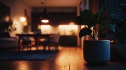 Cozy apartment interior at night, focus on potted plant.